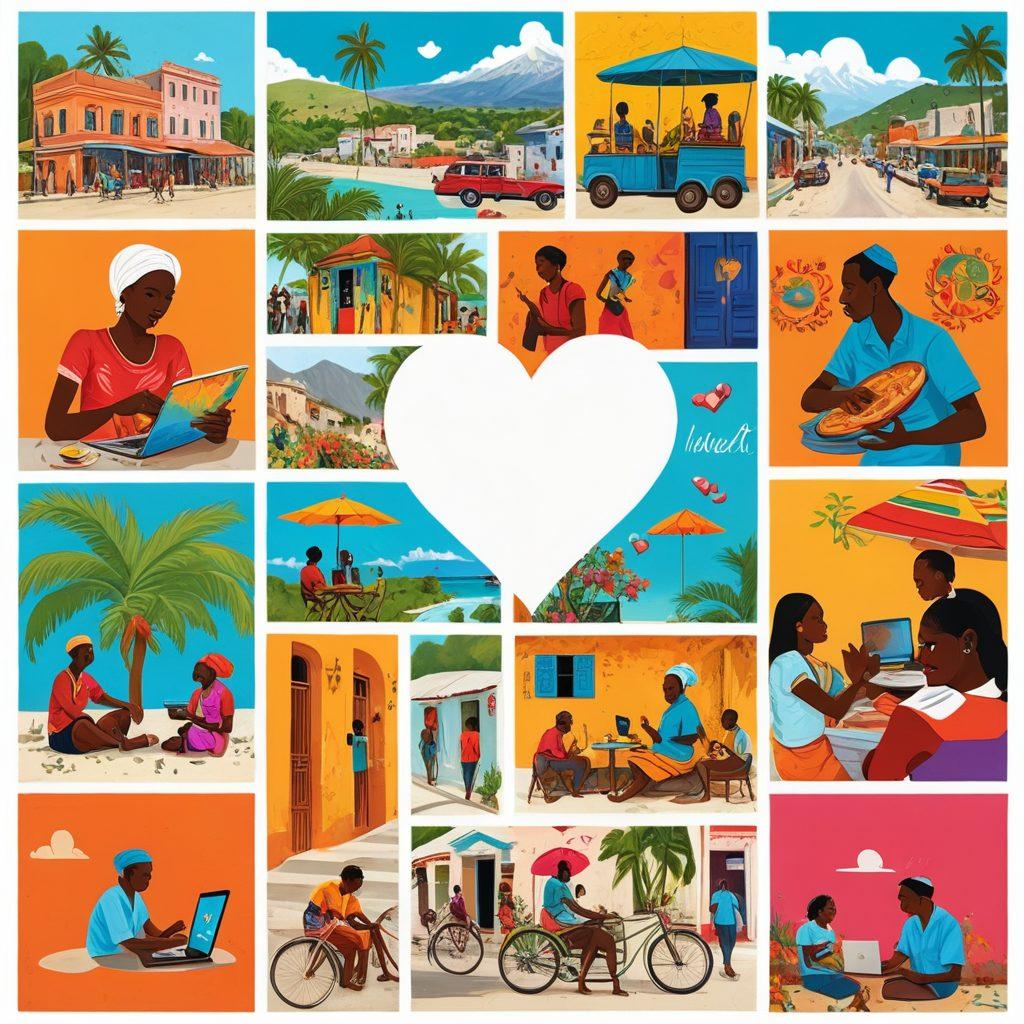 A vibrant collage of Haitian landscapes, featuring colorful street art, traditional cuisine, and friendly locals engaged in conversation. Include elements representing blogging, like laptops or mobile devices, with symbols of community connections such as hearts or interlinking circles. Bright and warm colors should evoke a sense of unity and cultural richness. vector art. vibrant colors. white background.