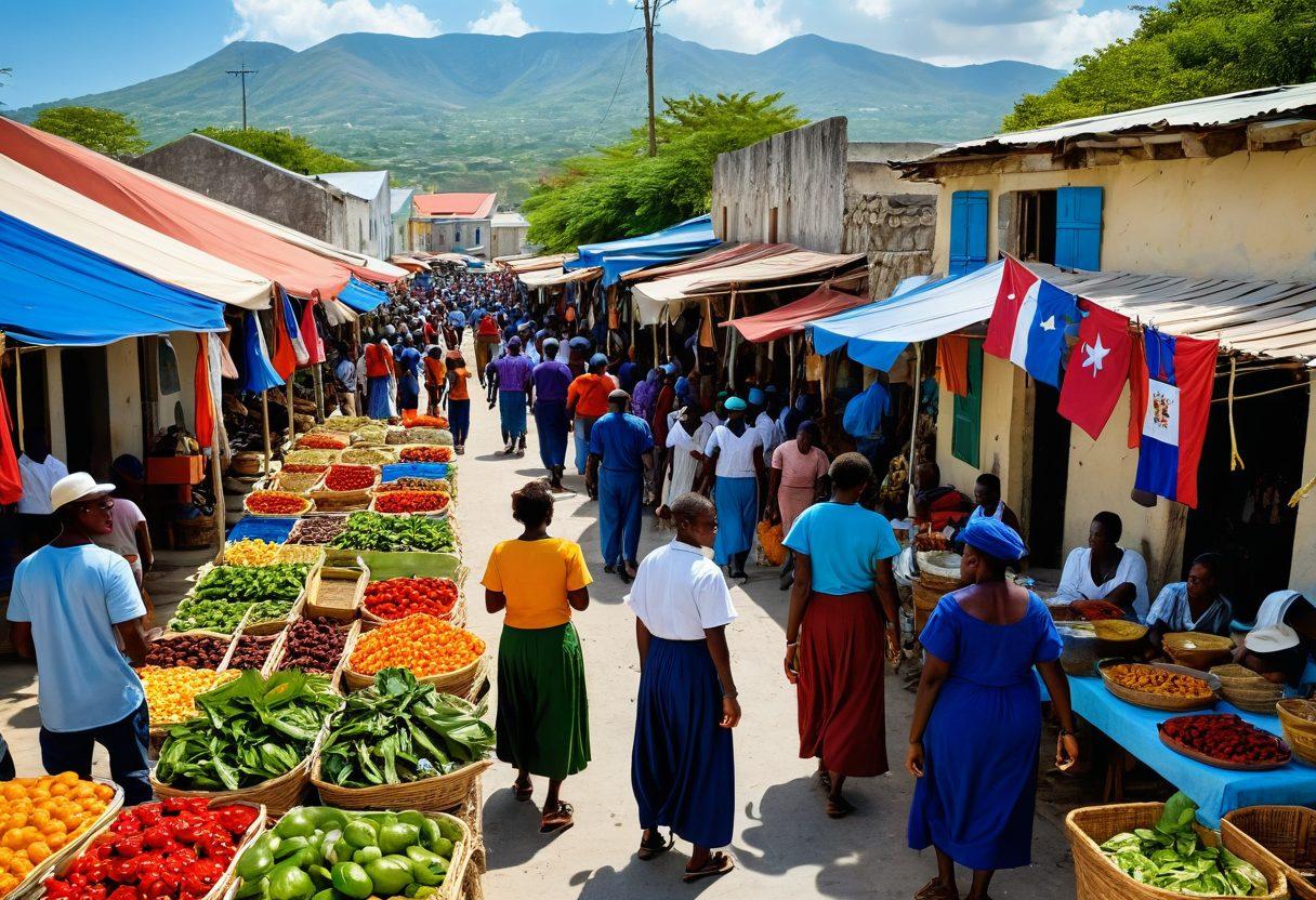 A vibrant and colorful market scene in Haiti, showcasing traditional crafts, bustling vendors, and rich cultural elements like music and dance. Include iconic Haitian symbols such as the flag and historical architecture in the background. Capture the essence of community and heritage with people interacting joyfully. emphasize warm, inviting colors and a lively atmosphere. super-realistic. vibrant colors. dynamic composition.