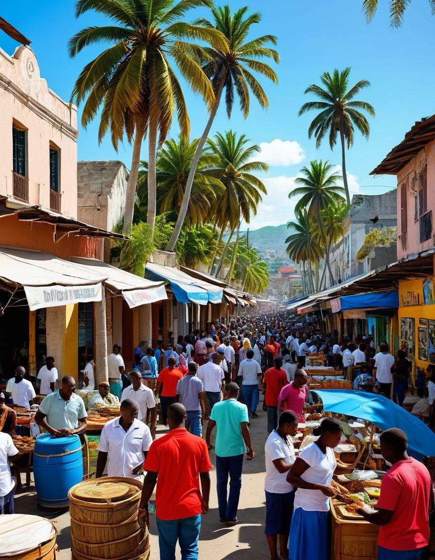 A colorful and vibrant street scene in Haiti showcasing a bustling market filled with locals engaging in lively discussions, with newspapers and digital devices scattered around. Include iconic Haitian architecture in the background, palm trees swaying gently, and cultural symbols like drums and art. The atmosphere is lively and inviting, depicting the blend of news and lifestyle in daily Haitian life. super-realistic. vibrant colors.